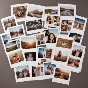 A collection of various sizes of printed photos arranged aesthetically, showcasing the high quality and durability of prints from a Kodak Photo Printer. Some photos are on a scrapbook.