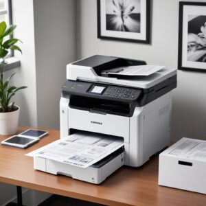 A comparison image showing a professional, fast laser all-in-one printer next to a stack of printed monochrome documents, contrasted with a smaller inkjet printer printing a vibrant photo.