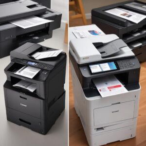A comparison image showing an inkjet printer printing a vibrant color photo, and a laser printer rapidly printing stacks of crisp black-and-white text documents.