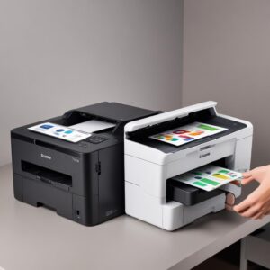 A comparison image showing two types of printers: one an inkjet with visible large ink tanks (EcoTank style), and the other a laser printer with a toner cartridge visible. The image emphasizes the difference in their ink/toner systems and target usage.