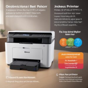 A comparison image showing two types of all-in-one printers: one compact inkjet printer with colorful ink bottles, and one larger, robust laser printer with a toner cartridge. Text overlays highlight