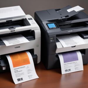 A comparison scene between an inkjet printer and a laser printer. On one side, an inkjet printer is printing a vibrant color photo with vivid details. On the other side, a laser printer is rapidly spitting out sharp, crisp black and white text documents. Both printers are actively working, showcasing their respective strengths in a side-by-side split image.