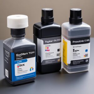 A comparison shot of three different types of printer ink/toner: a small inkjet cartridge, a large ink bottle for an EcoTank printer, and a toner cartridge for a laser printer. They are neatly arranged on a table to show the different cost structures.