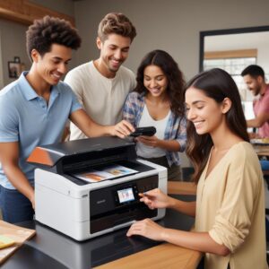 A diverse group of people (a student, a small business owner, and a parent) happily using Brother All-in-One Printers in their respective environments, highlighting the versatility. The student is printing a colorful assignment, the business owner is scanning an invoice, and the parent is copying a family photo.