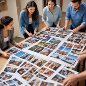 A diverse group of people admiring freshly printed photos from different types of printers (inkjet, dye-sub, portable).