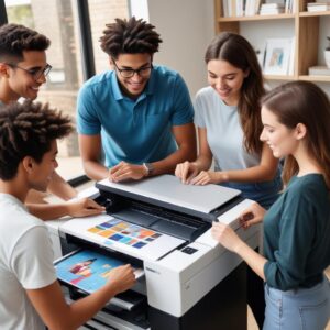 A diverse group of people (student, home user, small business owner, graphic designer) each interacting with their ideal all-in-one printer in a visually distinct setting, illustrating different use cases. For example, a student printing a thesis, a designer printing a vibrant photo.