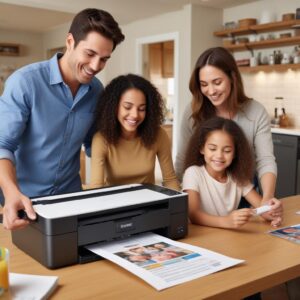 A family happily using a home all-in-one printer. A parent is printing documents, a child is scanning a drawing, and another family member is looking at a photo being printed, all in a cozy home environment.