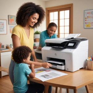 A family happily using an HP Printer All-in-One Laser in a brightly lit study room. One child is scanning a document, another is printing homework, and an adult is reviewing printed pages, showcasing its versatility for home use.