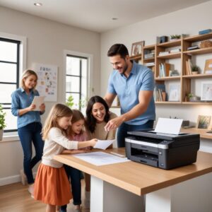 A family happily using an all-in-one printer in their modern home office, with children printing school projects and parents scanning documents, showing convenience and efficiency.
