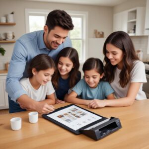 A family happily using the Canon Printer All In One G3010: a student printing homework from a tablet, a parent scanning a document, and another family member looking at a freshly printed photo, showcasing its versatility for various household needs.