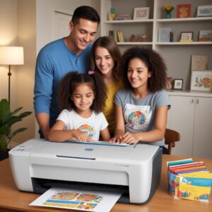 A family, including parents and a child, happily gathered around the HP Deskjet Printer 2800e All In One Series, with the child holding a freshly printed colorful drawing, illustrating the printer's use for family and educational purposes in a warm home environment.