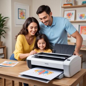 A family (parents and a child) happily using a Printer Scanner All In One Laser in their home office, with the child printing a colorful drawing and the parents scanning some documents, showing ease of use and versatility.