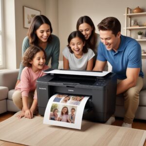 A family (parents and two children) gathered around a printer, looking excited as photos are being printed wirelessly from a smartphone. The printer is a compact all-in-one model, and the setting is a cozy living room.