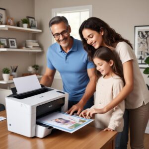 A family (parents and two children) happily using a modern all-in-one printer at home. The father is printing documents, the child is scanning a drawing, and the mother is holding a newly printed photo, all in a cozy home office setting. The printer is sleek and compact.