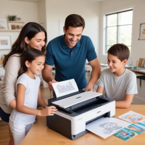 A family (parents and two children) happily using a Printer All In One For Home Use. One child is printing a school project, another is scanning a drawing, and a parent is helping. The scene is bright and friendly, emphasizing ease of use for all ages.
