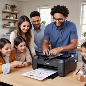 A group of diverse individuals (students, small business owner, parent) happily using the Canon Pixma G3290 All In One Printer in different settings (home office, study desk, family room), highlighting its versatility for various users.