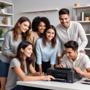 A group of diverse people (student, home user, small business owner) happily using different models of all-in-one printers in their respective settings (dorm room, home office, small office). Each person has a satisfied expression.