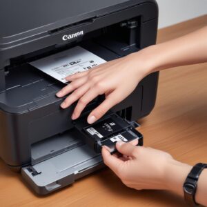 A hand easily inserting a PG-545XL ink cartridge into the Canon Pixma TS3350 All-in-One Printer Zwart, highlighting the simple installation process.