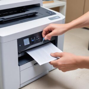 A hand gently wiping dust off an All-In-One printer, symbolizing regular maintenance, with cleaning supplies lightly blurred in the background. The printer looks well-maintained.