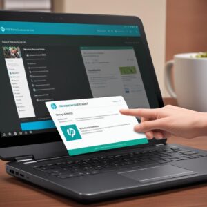 A hand pointing to a laptop screen showing the HP support website with the download button for