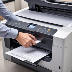A hand pressing a button on a sleek all-in-one printer, with a printed document emerging, symbolizing quick and efficient task completion. A happy, satisfied user is in the background.