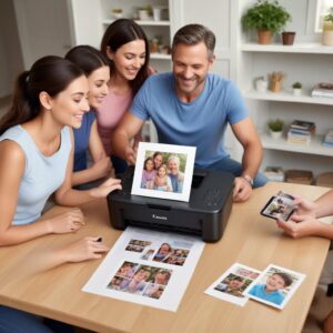 A happy family (parents and a child) gathered around the Canon Pixma G3010 All In One printer, looking at freshly printed colorful photos. The printer is wirelessly connected, perhaps to a smartphone or tablet held by one of the parents.