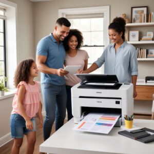A happy family (parents and two kids) gathered around a modern all-in-one printer in a home office setting, smiling as they interact with the printer for various tasks like printing school projects and scanning documents. The room is brightly lit and organized.