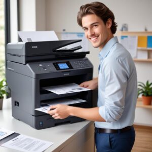 A happy person (student or professional) confidently using their new all-in-one printer, smiling, with neatly printed documents or photos in hand. The printer looks modern and the background suggests a productive, organized workspace.