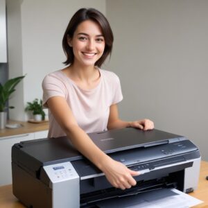 A happy person successfully printing documents from their now-fixed Epson SX230 printer, smiling confidently. The printer is functioning smoothly, with no error lights.