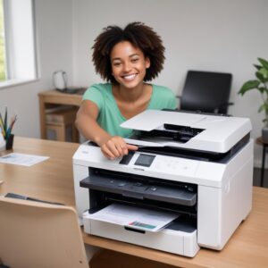 A happy person successfully printing documents from their Epson printer, which now has a green light, indicating it's working fine. The person is smiling.