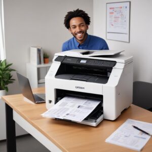 A happy person successfully printing documents from their Epson WF-M5799 printer, with a celebratory or relieved expression. The printer is shown working flawlessly.