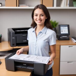 A happy young adult (student or home office worker) smiling while holding a stack of freshly printed, high-quality documents from a Canon Pixma G2010 printer. The printer is visible in the background.