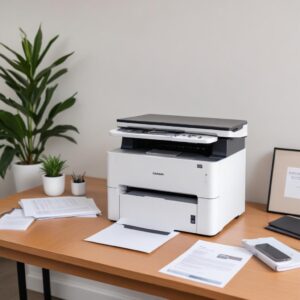 A modern home office setup with a sleek, compact white Laser Printer All In One on a desk next to a laptop and some documents. The printer is actively printing a document.
