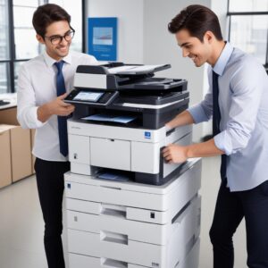 A modern office worker happily using a sleek, compact Konica Minolta all-in-one printer to print documents. The printer has a large touch screen interface and several documents are stacked on the automatic document feeder.