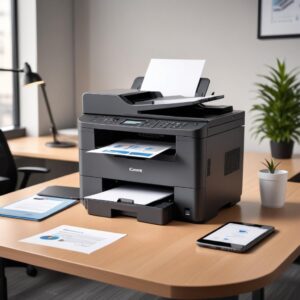 A modern, sleek Printer All In One Wireless Laser in an office setting, connected wirelessly to a laptop, with a smartphone displaying a print command. The image should convey professionalism and ease of use.