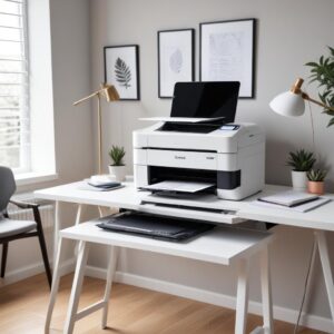 A modern, sleek Printer All In One For Home Use sitting on a clean desk in a minimalist home office, with a laptop and a few documents nearby. The printer is white or light grey.