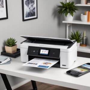 A modern, sleek wireless inkjet all-in-one printer in a home office setting, connected to a smartphone displaying a print preview. The printer is white or light grey, with a clear interface.