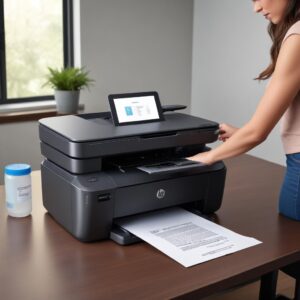 A person easily refilling the ink tanks of an HP Smart Tank 520 All In One printer with a spill-free bottle, demonstrating the ease and cleanliness of the process. The printer is on a desk in a home office setting.