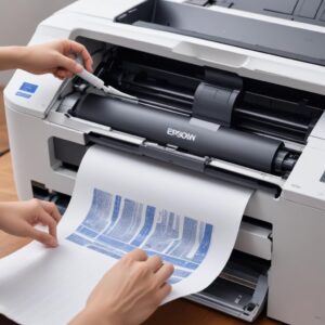 A person gently cleaning the paper rollers and internal sensors of an open Epson printer with a soft cloth and an air duster, demonstrating careful maintenance.