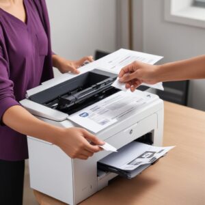 A person happily holding a freshly printed, crisp document from an HP LaserJet All-in-One printer. The printer is in the background, looking functional and reliable, with a general sense of satisfaction and productivity.