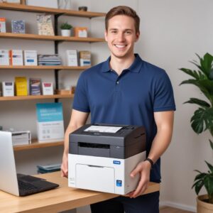 A person happily holding a newly purchased all-in-one printer box, standing in front of a computer screen displaying various online printer reviews and price comparisons, symbolizing smart decision-making.