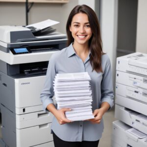 A person happily holding a stack of neatly printed documents, with a modern printer in the background, symbolizing efficiency and satisfaction.