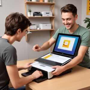A person happily installing printer software on a laptop, with a Kodak All-In-One printer visible in the background. The screen shows a simplified installation wizard.