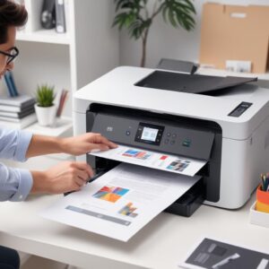 A person happily using a modern all-in-one printer, printing a document from their smartphone, scanning a photo, and making a copy, surrounded by a bright, clean office or home environment, symbolizing satisfaction and ease of use.