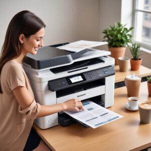 A person happily using an all-in-one inkjet printer, scanning multiple documents using the Automatic Document Feeder (ADF) while sipping coffee, conveying ease of use and productivity.