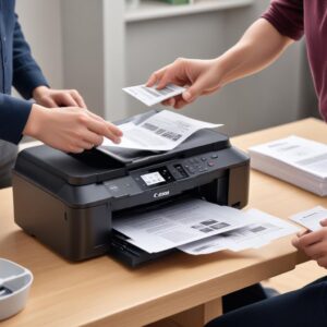 A person holding a smartphone, actively sending a document to the Canon G7020 All-in-One Printer wirelessly. The printer is shown in the background, actively printing a document, with paper emerging from the output tray. The scene emphasizes modern wireless connectivity and ease of use.