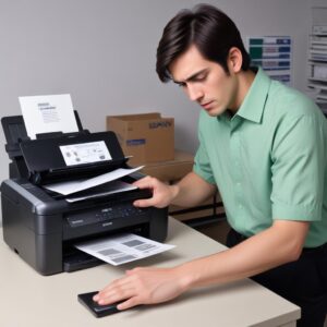 A person looking frustrated at an Epson SX235W printer with blinking lights, while a computer screen displays a