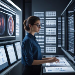A person looking thoughtfully at different printer specifications on a screen, surrounded by a subtle aura of research and smart decision-making. The scene should convey expertise and careful consideration.