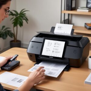 A person printing documents wirelessly from a smartphone to the Canon Pixma TS3350 All-in-One Printer Zwart, demonstrating its Wi-Fi connectivity in a home office setting.