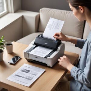 A person sitting comfortably on a sofa, printing a document directly from their smartphone to a compact inkjet printer located on a small table nearby. The scene emphasizes convenience and ease of use.